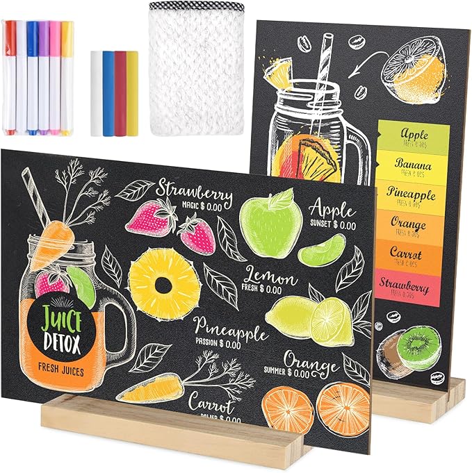 BOUBONI 2 Pack Small Chalkboard Signs with Wood Stand 6 x 8 inch Tabletop Chalkboard Sign Double-Sided Message Menu Boards for Kitchen Wedding Bar and Restaurant