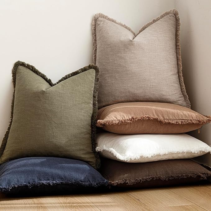 Foindtower Set of 2 Decorative Linen Fringe Throw Pillow Covers Farmhouse Cushion Cover with Tassels Soft Accent Pillowcase for Couch Chair Sofa Bed Living Room Home Decor,20×20 Inch,Natural Linen