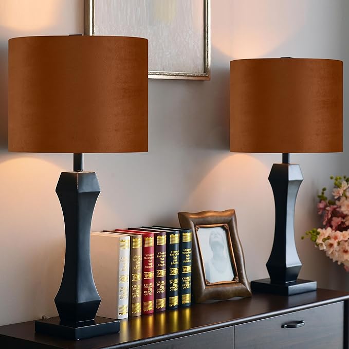 GO&SO Burnt Orange Velvet Drum Lamp Shades Set of 2 Medium, Replacement Lamp Shade 13" Top x 13" Bottom x 10" High(Spider)- Modern Fabric Lampshade for Table Lamp,Floor Lamps -Assembly Require