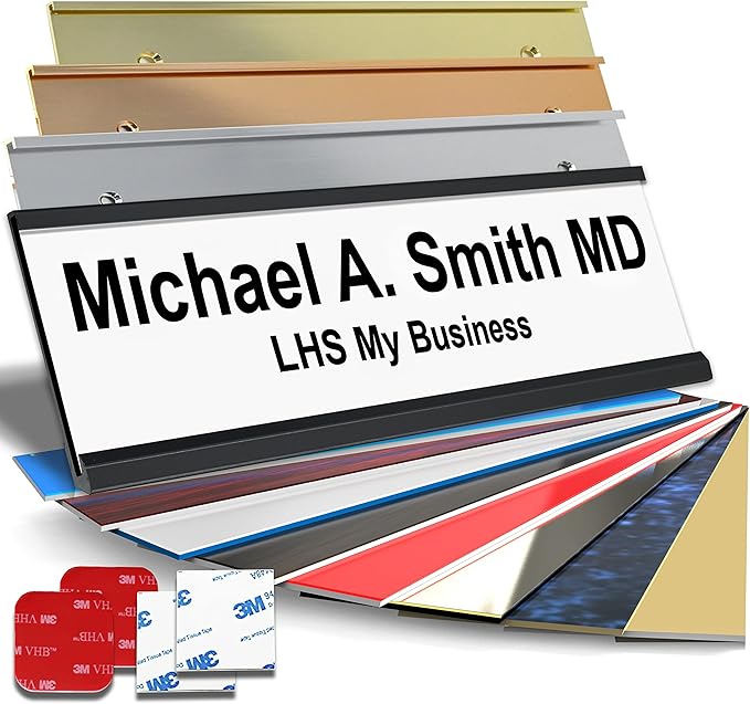 Custom Name Plate with Choice of Mounting for Walls, Doors, Cubicles, Hanging and More - Personalized White Plastic Black Letters - USA Made 2x10 - B16