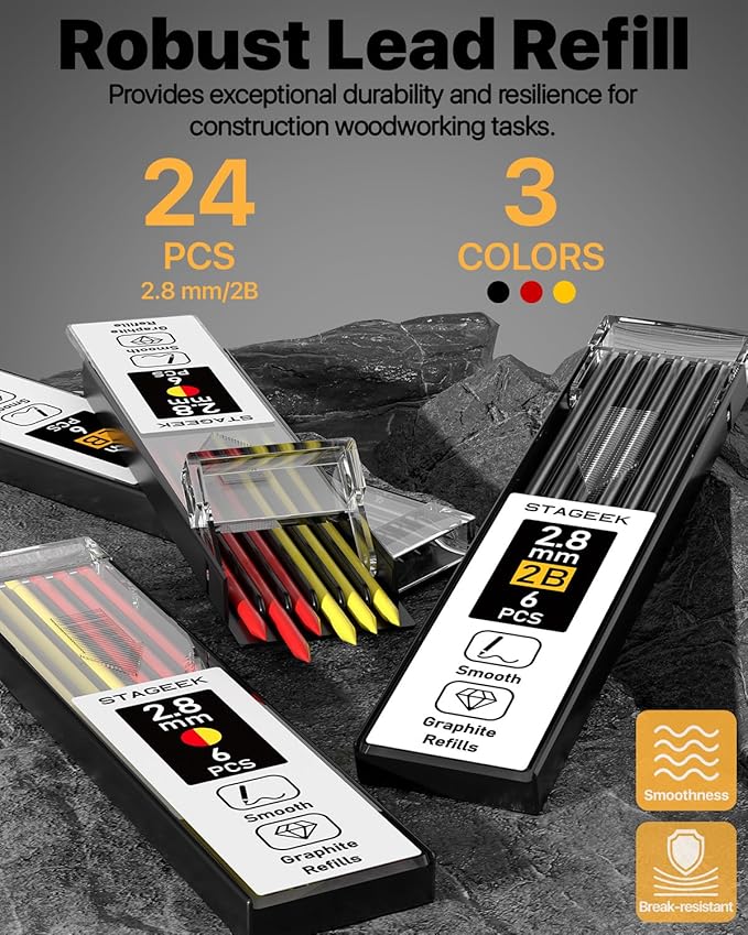 STAGEEK 2PCS Carpenter Pencils with Sharpener, Heavy Duty Woodworking Tools, Mechanical Pencil Set with 26 Refills, Deep Hole Long Nib Marker Pens for Architect Marking with Case (Black, Red)
