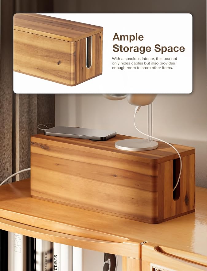 TIDITA Acacia Wood Cable Management Box Round Edge - 16" L Wooden Cable Organizer Box for Electrical Hiding Cord Management - Power Strip Hider Cable Storage Box for Office, Router Wires, Under Desk