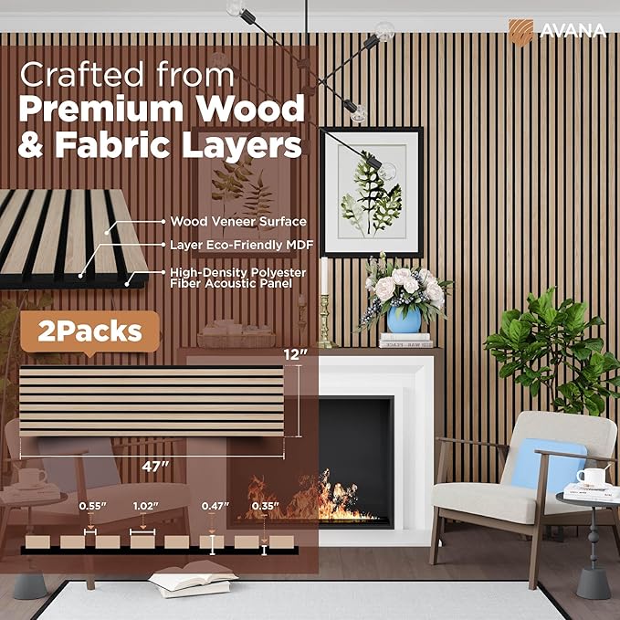 Avana Modern Acoustic Wood Wall Panels – 47.2 X 12.6 Inch White Oak Acoustic Panels 2 PCs – Wall Panels For Interior Wall Decor For Homes, Offices, Studios – Sturdy And Durable Wood Panels For Wall