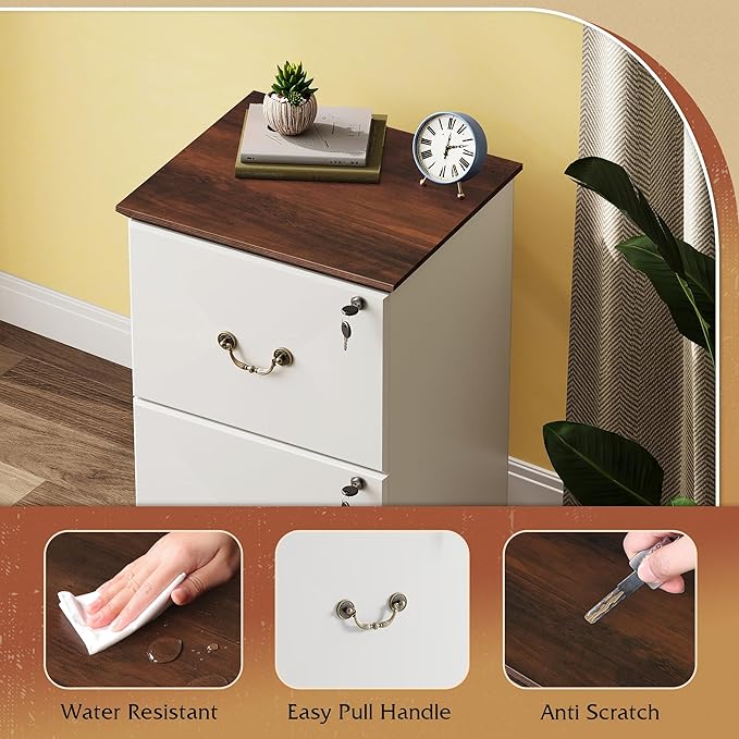 DEVAISE File Cabinet 2-Drawer, Small Office Furniture with Lock, Rolling Under Desk Filing Cabinet for Home Office, White