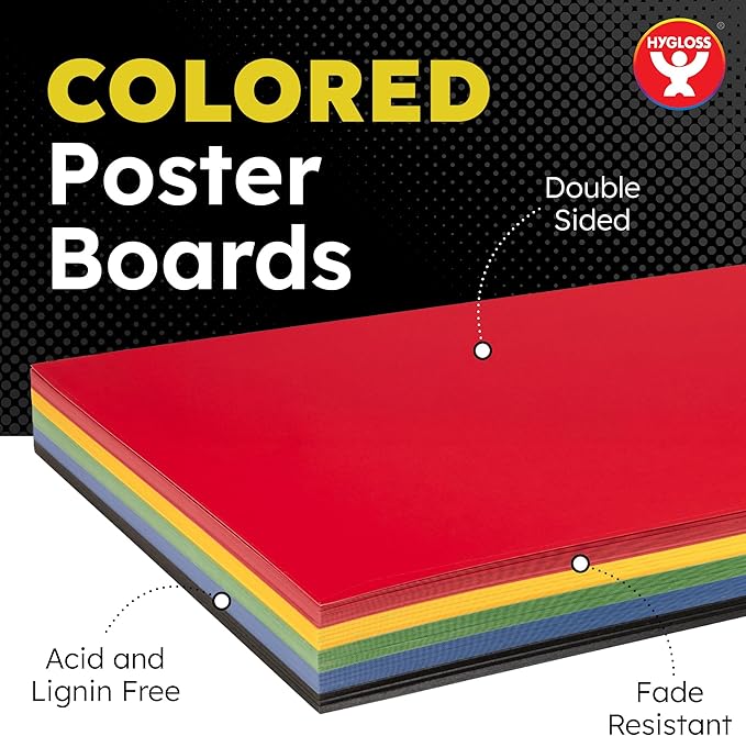 Hygloss Large Colored Poster Board 22x28 - 25 Assorted Standard Color Poster Boards Bulk Pack - Red, Yellow, Green, Blue, Black - 10 Pt. Thickness Poster Board Paper - Posterboard Multipack 22" x 28"