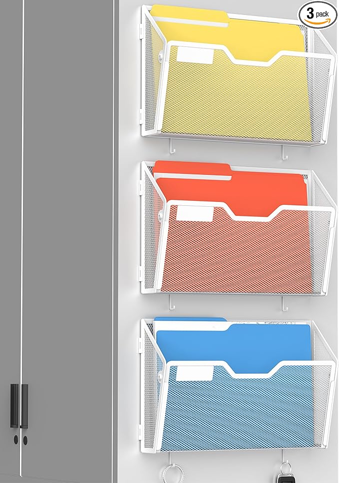 Docnest 3 Pack Magnetic Wall Mounted File Holders,Mesh Letter Organizer with Hooks, Magnetic Hanging Mail Paper Document Organizer for Office, Home, School, White