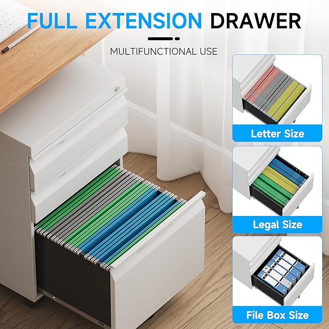 Bestoo 3-Drawer Mobile File Cabinet with Lock, Metal Filing Cabinet on Wheels for Home Office Under Desk, Fits File Folders, Letter/Legal/F4/A4 Size, Assembly Required (White)
