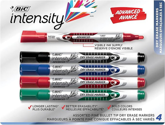 BIC Magic Marker Dry-Erase Markers, Pocket Style, Bullet Point, Assorted, 4-Pack
