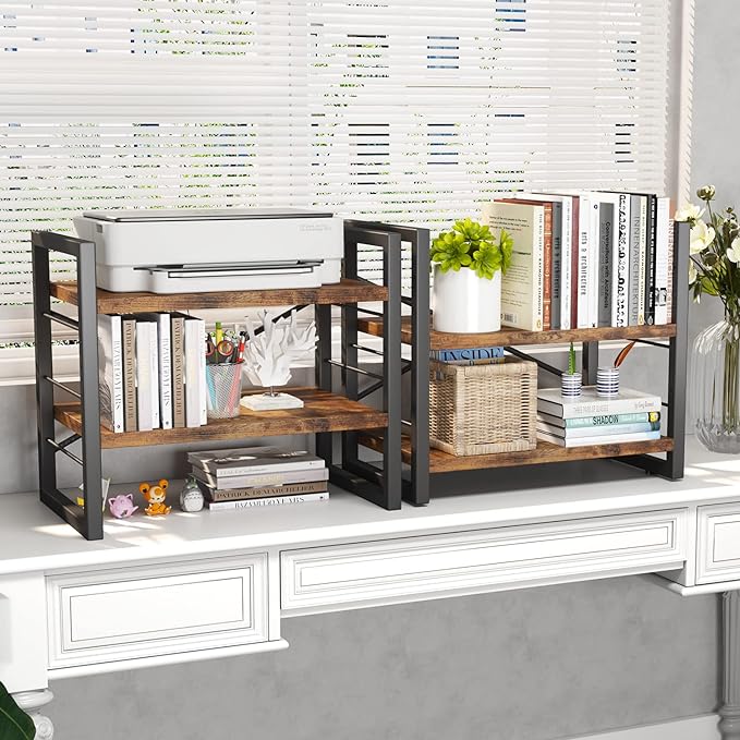 Homeiju Bookshelf, Dorm Desk Hutch, Desk Shelf Organizer, 4 Tier Stackable Bookcase, Adjustable Industrial Book Shelf Storage Organizer for Desktop, Living Room, Bedroom, Office,Rustic Black and Brown
