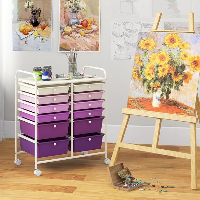 Giantex 12 Drawers Rolling Storage Cart, Classroom Organizers with Wheels for Tools Scrapbook Craft Paper Teacher Office School Supplies (Purple Gradient)