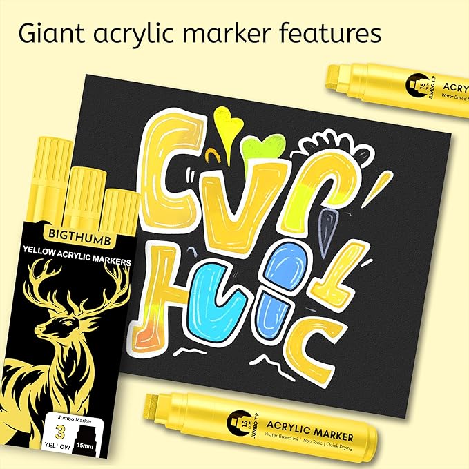 BIGTHUMB 3 Pcs Yellow Jumbo Permanent Markers: 15mm Wide Tip Thick Acrylic Paint Pen Large Calligraphy Marker for Rock Painting, Poster, Sign, Canvas, Glass, Wood, Ceramic