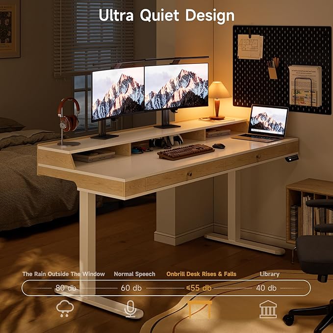Standing Desk With Drawers, 55x23.6 Inch Electric Stand Up Workstation With Storage Shelf and Memory Controller, Adjustable Height 28-46 Inch for Computer, White