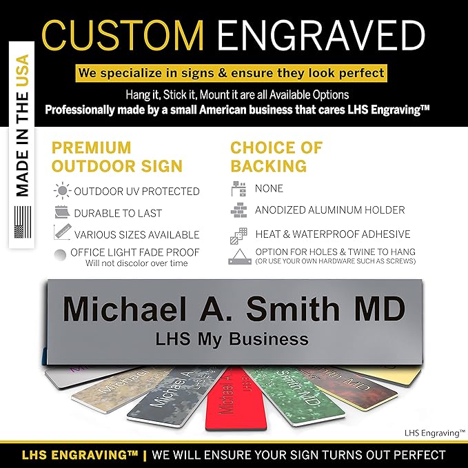 Personalized Name Plate with Choice of Mounting Holders for Walls, Doors, Cubicles, Hanging and More - Custom Gray Plastic Black Letters - USA Made 2x12 - B8