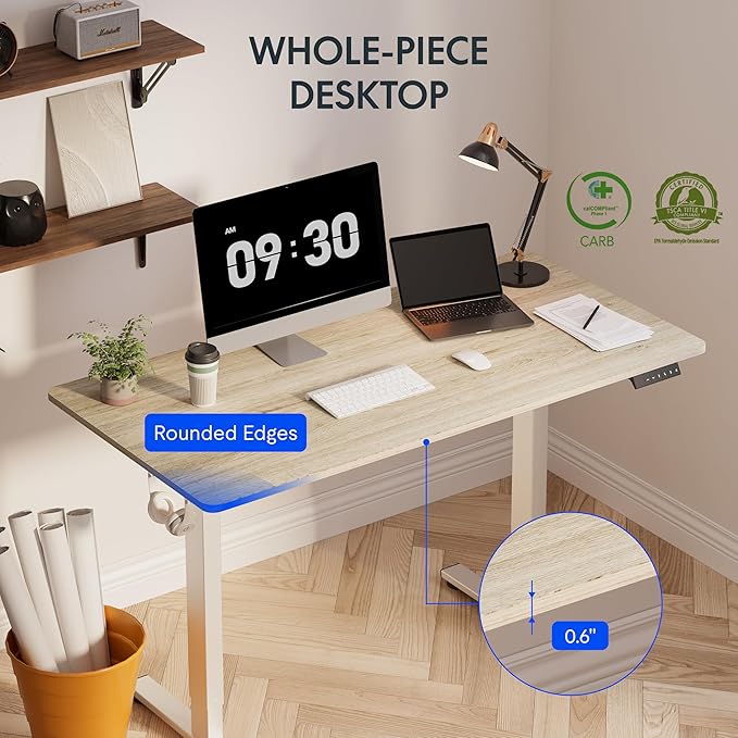 FLEXISPOT EN1 One-Piece Standing Desk, 48"x24" Seamless Desktop Electric Height Adjustable Desk for Home Office, Multi-Monitor Setups & Easy Assembly, White Wood Grain