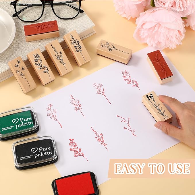 Tenare 8 Pieces Vintage Rubber Stamps Decorative with 3 Colors Ink Pad Wooden Plant Flower Stamps Set for DIY Craft, Scrapbook, Letters Diary and Card Making