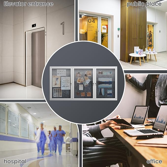72"x36" Lockable Enclosed Bulletin Board, Outdoor Flet Weather-Resistant Aluminum Frame Notice Board, Wall Mounted Display Case Acrylic Doors for School,Office,Silver Frame w/Grey Flet