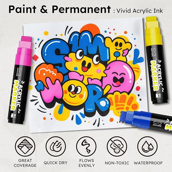 ANYUKE 12 Colors Acrylic Paint Markers - 15mm Jumbo Poster Markers, Permanent Paint Pens for Poster Board, Fabric, Rocks, Wood, Glass, Ceramic, Canvas, Metal, Plastic