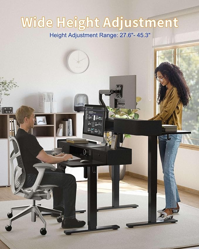 YIHAYO Electric Standing Desk with Drawers, 55 x 24 Inches Adjustable Desk with Storage Shelf, Stand Up Desk with Splice Board, Computer Table for Home Office, Black Frame/Black Top