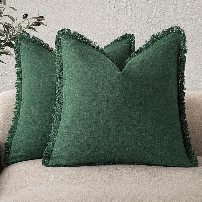 Foindtower Set of 2 Decorative Linen Fringe Throw Pillow Covers Cozy Boho Farmhouse Cushion Cover with Tassels Soft Accent Pillowcase for Couch Sofa Bed Living Room Home Decor, 20×20 Inch, Pine Green