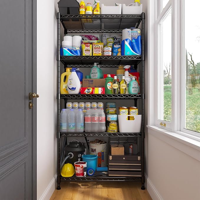 REIBII 5 Tier Storage Shelves Adjustable Wire Rack Shelving, Kitchen Shelves 13.4" D x 23.2" W x 60" H Strong Metal Shelves for Restaurant Garage Pantry，Black