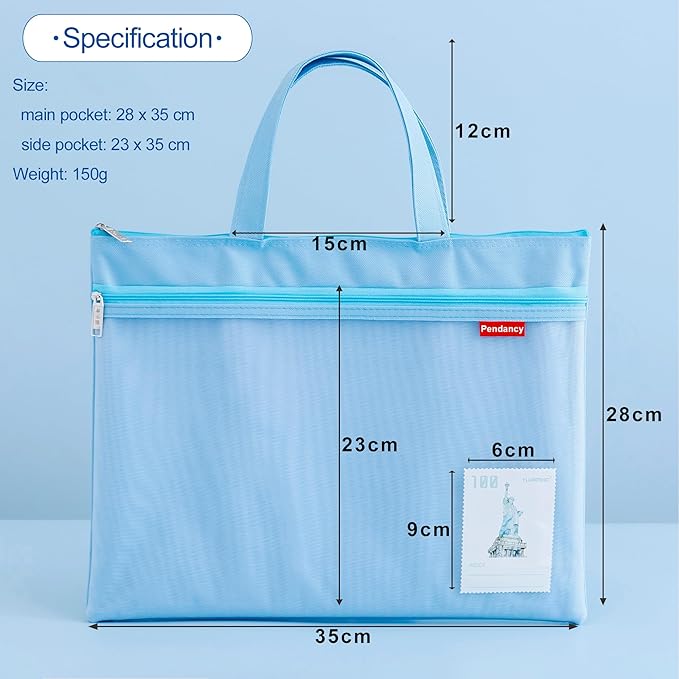 Pendancy Mesh Zipper Pouch 11x13.7 in, 2 pcs Large Double Pocket Waterproof File Bag with Handle, A4 Size Foldable Document Storage for Puzzle Project/Cross Stitch/Travel/Office（Gray Blue）