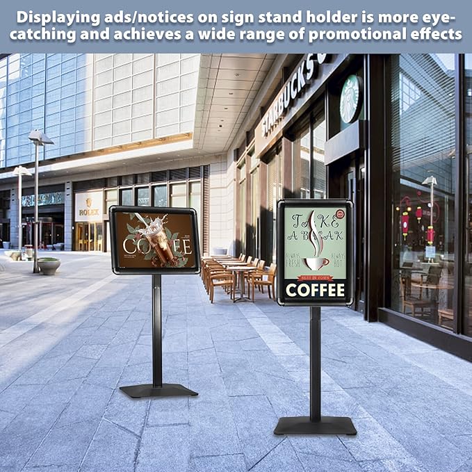 STANDNEE Heavy-duty Poster Stand Holder 11"x 17" Pedestal Floor Standing Sign Holder Vertical and Horizontal View Sign Display, Aluminum Snap Open Frame with Safety Corner, Black
