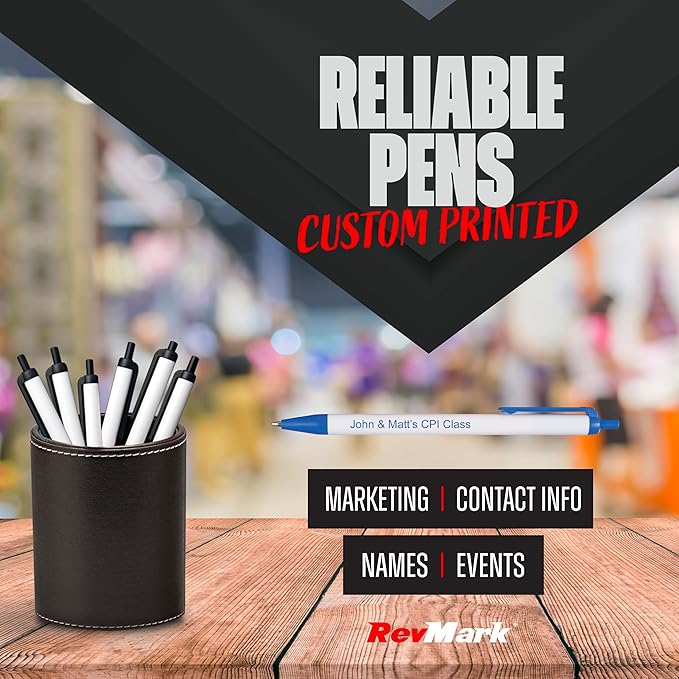 RevMark Personalized Ballpoint Pen, Custom Printed Name, Business or Event Information, Timeless Advertising, USA Made Pens, Promotional Marketing, Smooth Black Ink, Bulk Pack (Blue,500 Ct.)