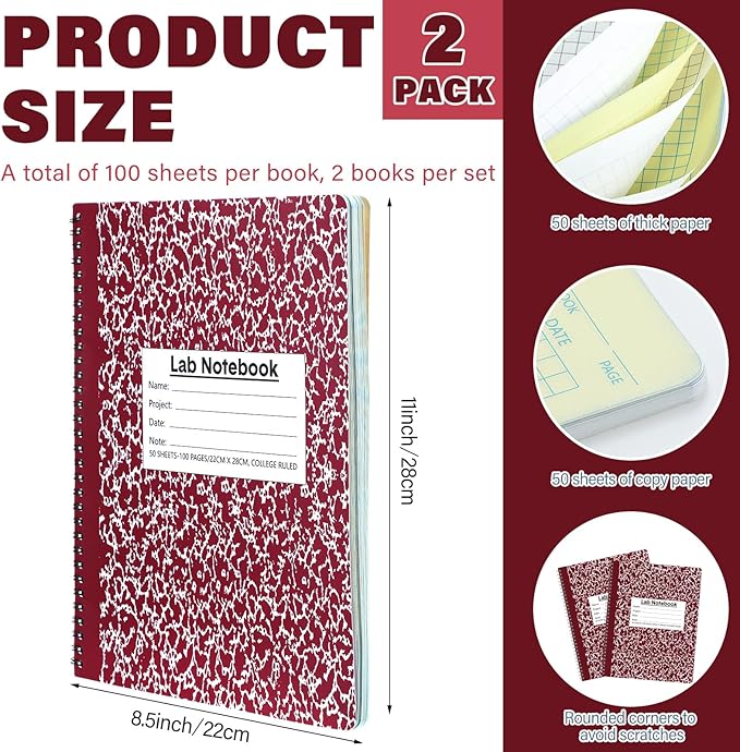 Affrolling 2 Pack Carbonless Lab Notebook Carbon Copy 8.5'' x 11'' 50 Sets of Pages 100 Pages Total Laboratory Engineering Chemistry Computation Notebook Science Grid Coil Binding(Wine Red and White)
