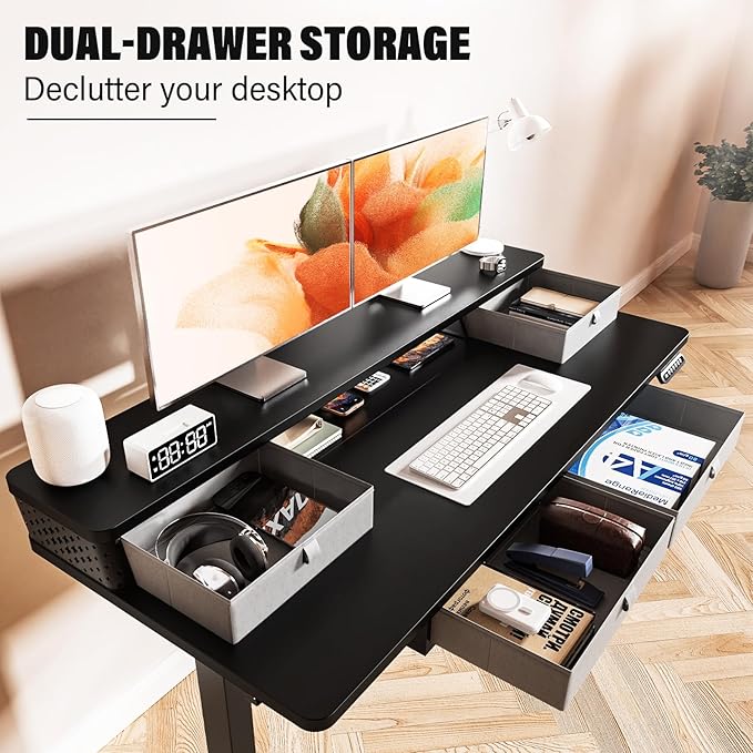 Kingant 40 x 24 Inch Electric Standing Desk with 4 Drawers, Height Adjustable Sit to Stand Computer Desk with Storage Shelf and C-Clamp Mount Compatibility for Home Office, Black