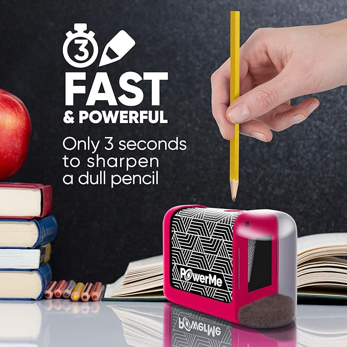 POWERME Electric Pencil Sharpener - Pencil Sharpener Battery Powered for Kids, School, Home, Office, Classroom, Artists – Battery Operated Pencil Sharpener For Colored Pencils, Ideal For No. 2 (Pink)