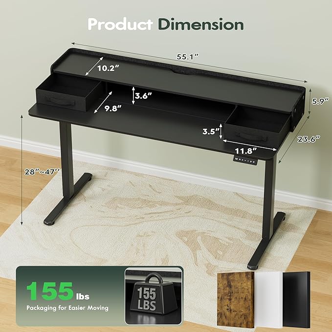 Homall Electric Standing Desk with 2 Drawers, Adjustable Height Computer Desk with Monitor Shelf Sit Stand Table with Splice Board Quick Install for Home Office (Black, 55 Inch)
