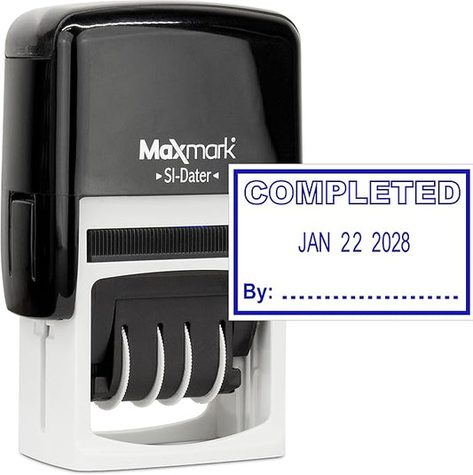 MaxMark Office Self Inking Date Stamp with Phrase Completed - Blue Ink
