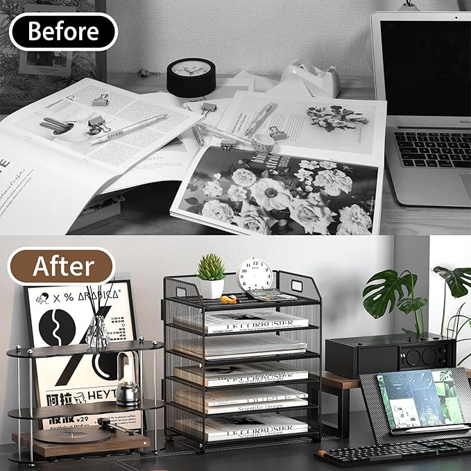 6 Tier Desk Organizer, Heavy-Duty Thick Metal Letter Tray Organizer, Large Capacity Desktop File Organizer for Heavy Files, Easy to Assemble for Home, Office & Classroom,Black