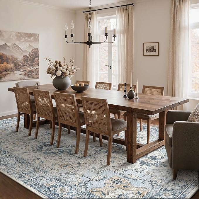 GENIMO 10x14 Area Rugs for Living Room, Machine Washable Rug, Non Slip Vintage Rugs, Low Pile Lightweight Chenille Print Rug for Bedroom, Dining Room, Home Office, Blue
