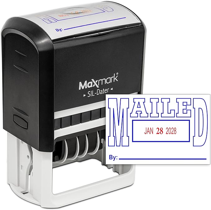 MaxMark Large Self-Inking Rubber Date Office Stamp with Mailed Phrase & Date - Blue/Red Ink, 12-Year Band - Style 5