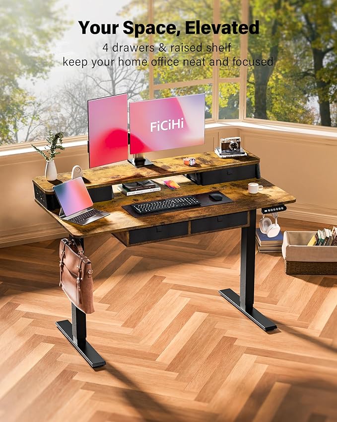 FiCiHi Electric Standing Desk with Four Drawers, Adjustable Height Sit Stand Desk, C-Clamp Compatible Home Office Desk with Storage Shelf & Monitor Stand Riser, 48 x 24 Inch, Rustic Brown