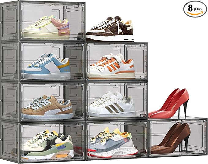 TOFWOF 8 Pack XX Large Shoe Organizer, Heavy-Duty Hard Thicken Plastic Clear Stackable Shoe Storage Box Organizer for Closet, Space-Saving Shoe Rack Display Case Bin Containers for Sneakers, Grey
