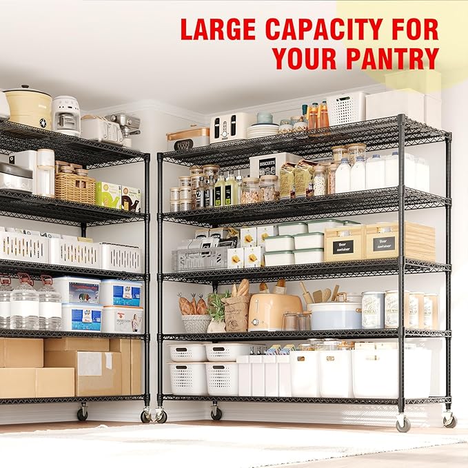 MilleLoom 82" H Storage Shelves with Wheels, 5-Tier Metal Shelving Unit Load 3300LBS Capacity, Adjustable Wire Shelf Rack w/Feets, Heavy Duty Storage Shelving for Garage Pantry Rooms, 59" W X 24" D