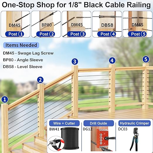 Steel DN Mate 100 Pack Cable Railing Protector Sleeves for 1/8” Deck Railing System, Black Cable Railing Kit Hardware for Wood Post, T316 Stainless Steel Marine Grade DB58
