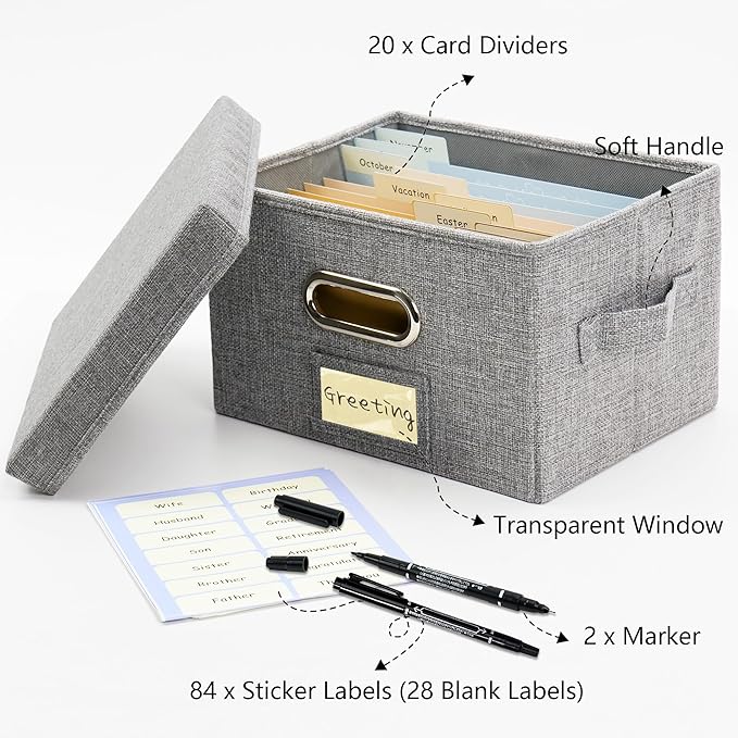 Remowith Greeting Card Organizer and Storage Box with 20 Pcs Adjustable Dividers, Storing Cards with 84 Pcs Labels Perfect for Storing Greeting Cards, Envelopes, Photos 1 Pack Grey