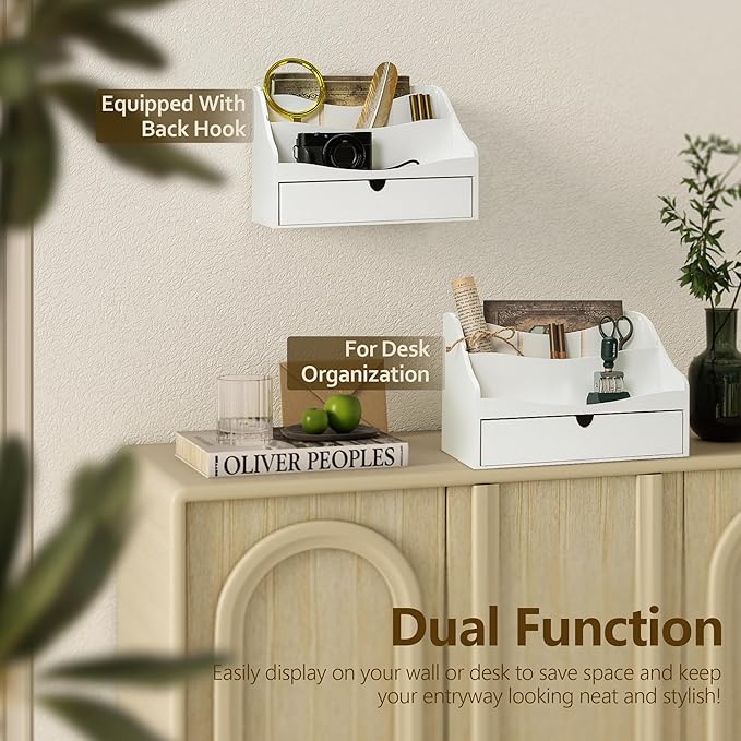 Rebee Vision Pine Wood Mail Organizer for Desk - Charming Farmhouse Countertop Mail Sorter for Office Desk & Home Decor - Mail Holder with Divider, 4-Slot Letter Sorter File Holder (White)