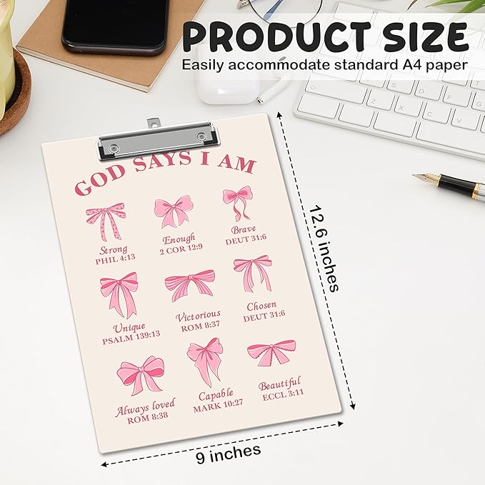 APIILVPQ Bible Clipboard, Pink Bow Clipboards with Low Profile Clip for Office School Use, Christian Prayer Wooden Clip Boards for Nurses Teachers Students - C04
