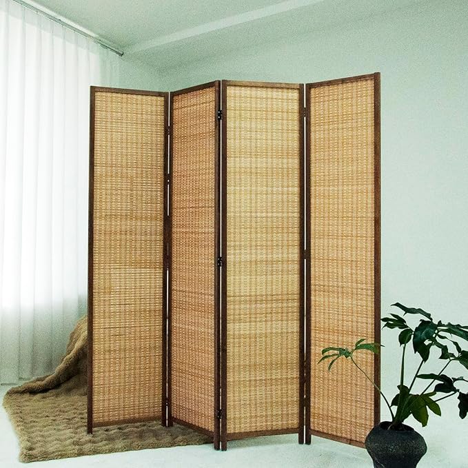 Loomveil 4 Panel Room Divider Folding Privacy Screen,67 inch Bamboo Panel Divider for Home Partition,Brown