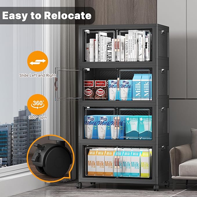 UAMFURI Extra Large Stackable Storage Bins with Lids & Wheels & Door, 416QT-52QT/13GAL*8Pack Foldable Collapsible Closet Organizers, Plastic containers drawers for bedroom Dorm