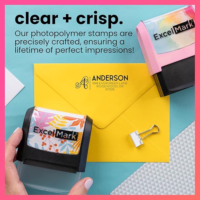 ExcelMark Address Stamp - Custom Return Address Stamp with Elegant Designs, Vibrant Colors & Patterns – Perfect for Mail, Invitations & Gifts (Seafoam Mount, Script Swirl)