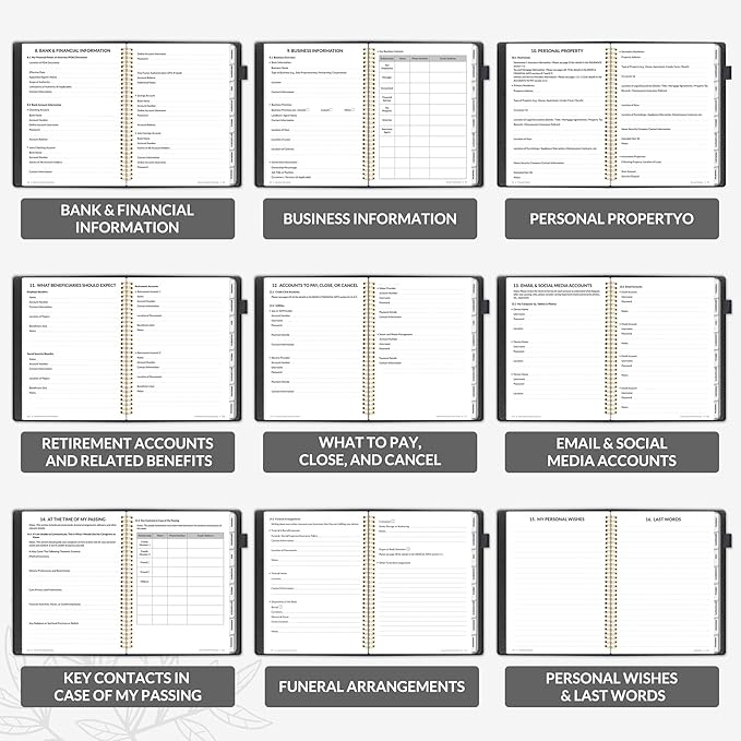 SUNEE End of Life Planner - I‘m Dead Now What Planner, Large Print Spiral-Bound Estate Organizer with Tabs for Seniors & Family. Covers Final Wishes, Passwords & Funeral Planning.A4（9"x11.2"),Black