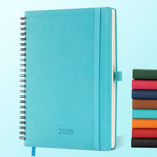 IN-LUXPRO Planner 2026 Daily Weekly and Monthly,8.5"x6.5",12 Months Spiral Bound Calendar Agenda with Self-adhesive Pen Holder,2026 Appointment Book with Vegan Leather Soft Cover,Light Blue
