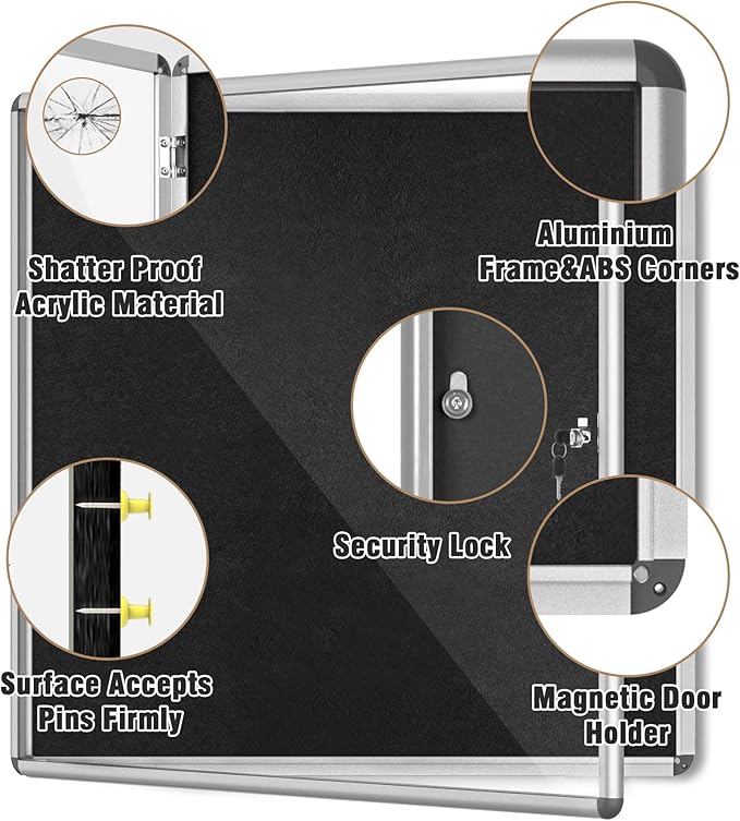 Mifuro 38"x38" Enclosed Bulletin Board, Lockable Weather-Resistant Aluminum Cork Noticeboard for School & Office, Silver Frame w/Black Flet