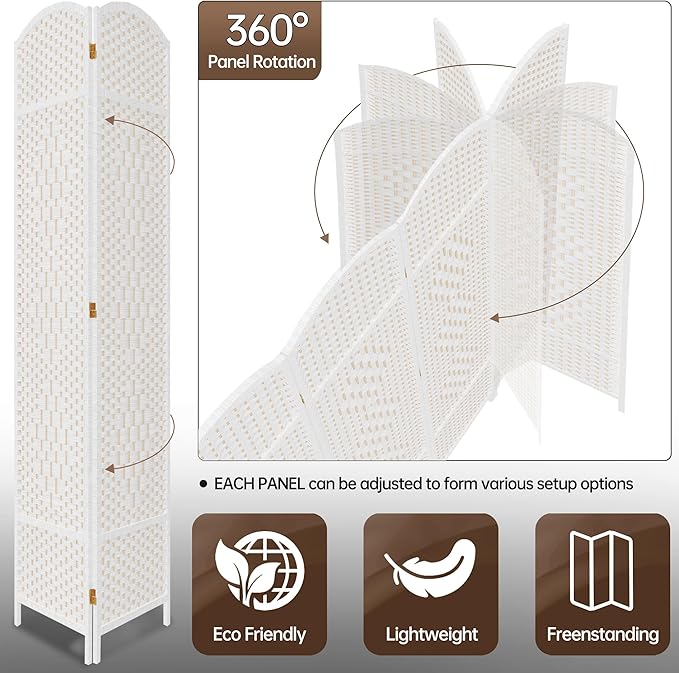 DURASPACE 6 Panel Room Divider, 6ft Tall Folding Privacy Screen, 360°Rotation, Hand-Woven Freestanding Wood Partition for Room Separation