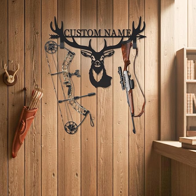 Personalized Deer Hunter Metal Wall Mount & Bow Rack, Custom Deer Hunting Gifts,Outdoor Hunting Decor, Cabin Wall Art, Hunting Room Decor, Lodge Wall Decor, Deer Hunting Accessories